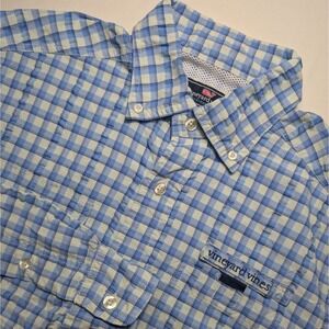 Vineyard Vines Small Blue White Performance Harbor Plaid Vented Fishing‎ Shirt